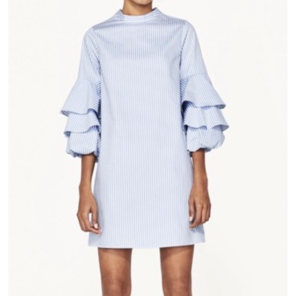 Zara Mini Dress Womens Small Blue White Striped Ruffle Tiered Sleeve Preppy Shif